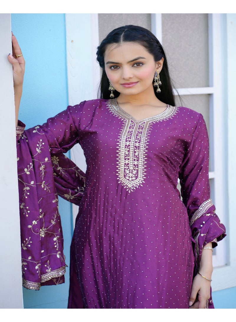 Super Asian Designer Chinnon Embroidered Pant Set with Dupatta – Sequin & Stone Work | Fully Stitched - Image 3