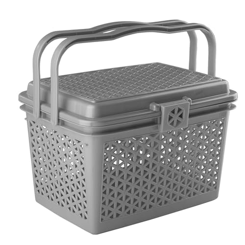 Kuber Industries Picnic Basket with Lid and Handle | Food Basket for Travelling | Plastic Storage Basket | Shopping Basket | Small | Grey - Image 1