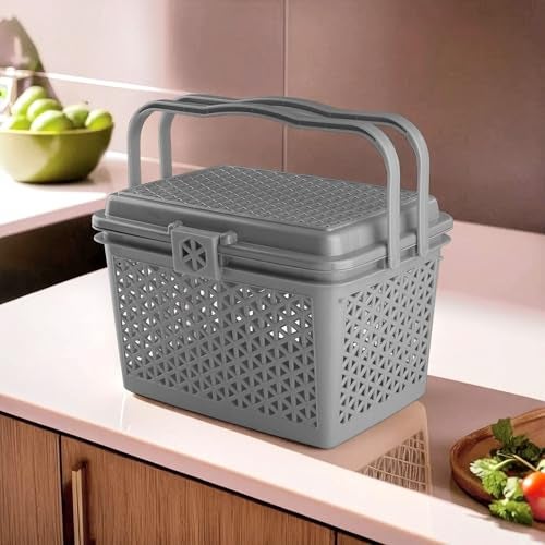 Kuber Industries Picnic Basket with Lid and Handle | Food Basket for Travelling | Plastic Storage Basket | Shopping Basket | Small | Grey - Image 2