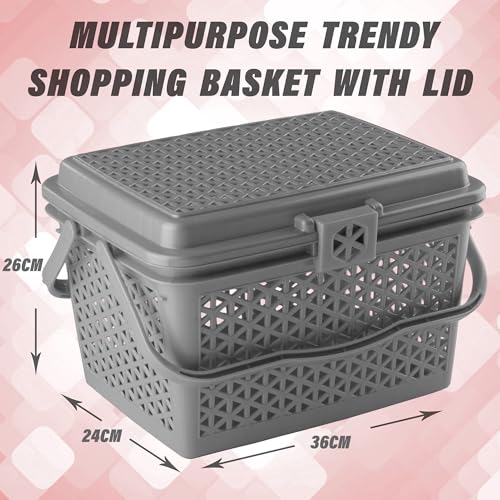 Kuber Industries Picnic Basket with Lid and Handle | Food Basket for Travelling | Plastic Storage Basket | Shopping Basket | Small | Grey - Image 3