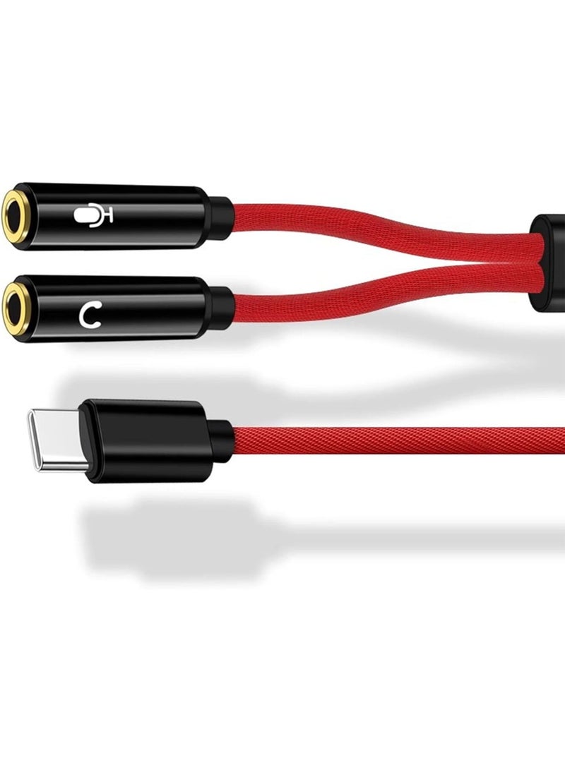 Type-C to Dual 3.5mm Headset Adapter 28cm Cable for Headphones and Microphone Plug and Play for Phone Laptop Tablet Live Streaming Conference Gaming Red - Image 1