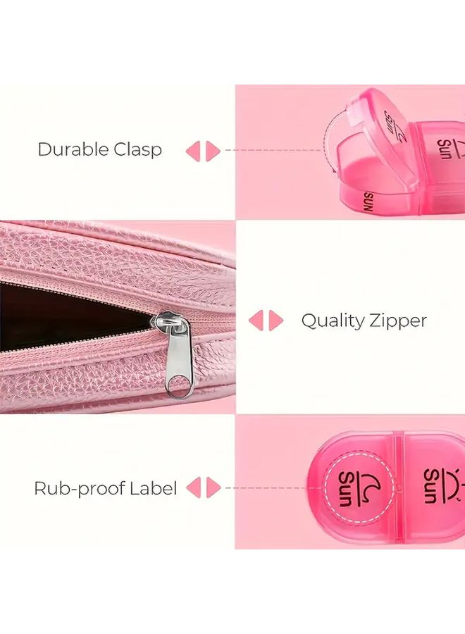 Pink Faux Leather 2 Times Daily Pill Organizer with Storage Bag for Vitamins and Supplements - Image 5