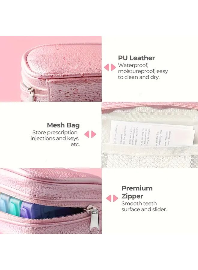 Pink Faux Leather 2 Times Daily Pill Organizer with Storage Bag for Vitamins and Supplements - Image 4