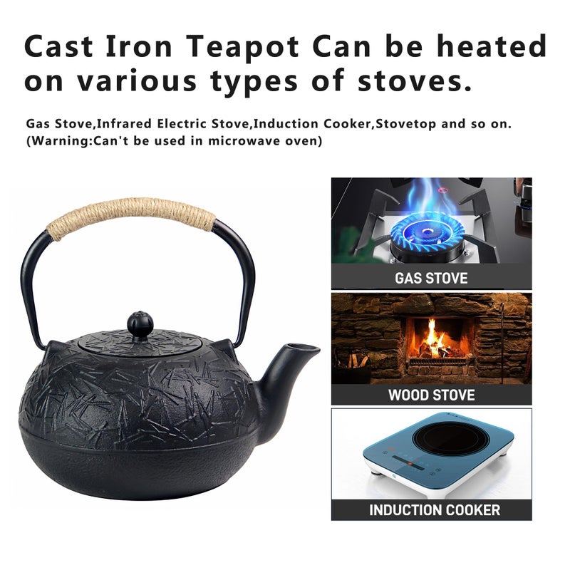 YJX 60.9oz YJX Cast Iron Teapot, Japanese Tetsubin Tea Kettle for Stovetop Safe, Cast Iron Tea Pot with Infuser for Loose Leaf, Black Kettle Teapot, Good Gift For Tea Lovers(1800ml) - Image 5