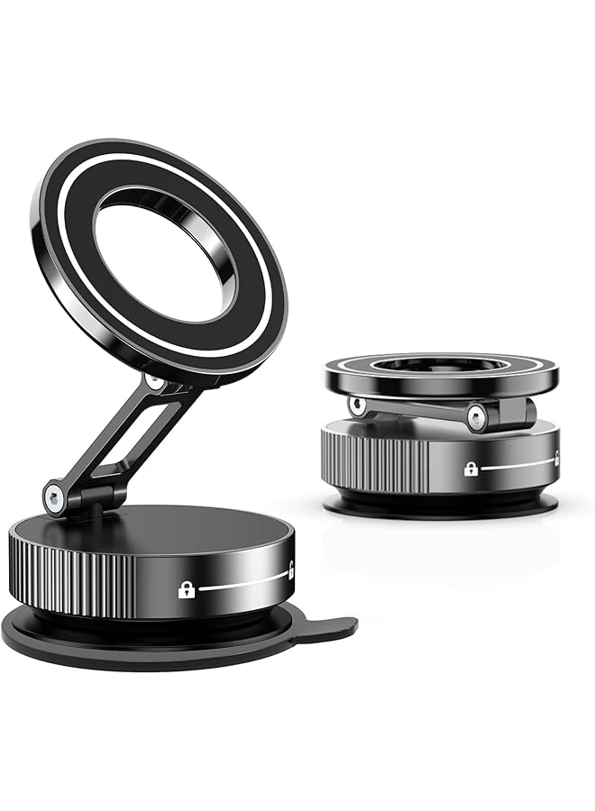 S-TOP Magnetic Phone Holder, 360° Rotating Foldable Suction Cup Mount, Mechanical Alloy Car Phone Stand with Strong Magnet and Magnetic Ring for iPhone and Android, Compact Travel Design - Image 1