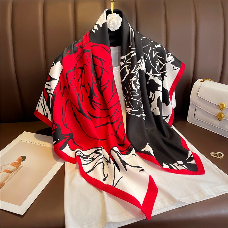 Rose Scarf Women's Twill Large Square Scarf All-match Decorative Shawl Autumn and Winter Scarf Color Matching Fashion Scarf Sunscreen  - Image 3