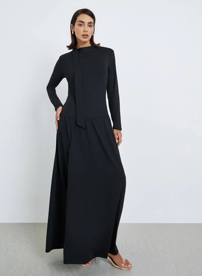 Styli  Solid Neck tie and hem paneled A-line MAXI Dress for Women | Best Price UAE
