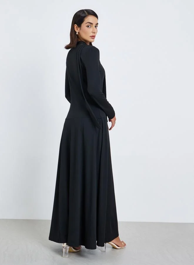 Styli  Solid Neck tie and hem paneled A-line MAXI Dress for Women | Best Price UAE