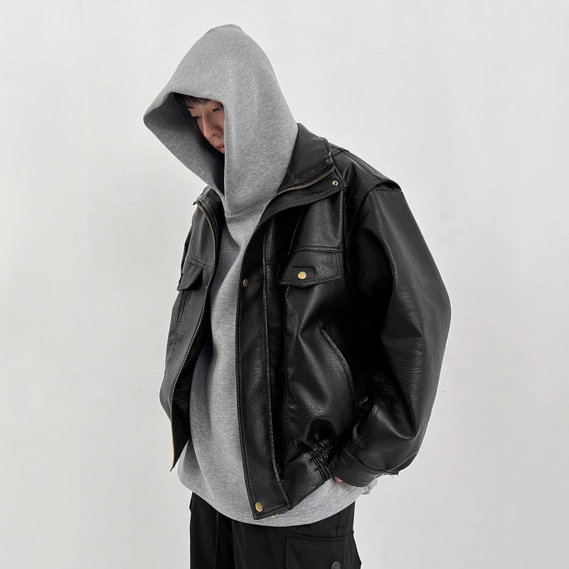 Retro Biker Jacket Mens Thickened PU Leather Autumn Black - Image 5