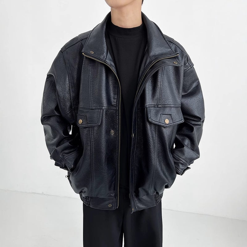 Retro Biker Jacket Mens Thickened PU Leather Autumn Black - Image 3