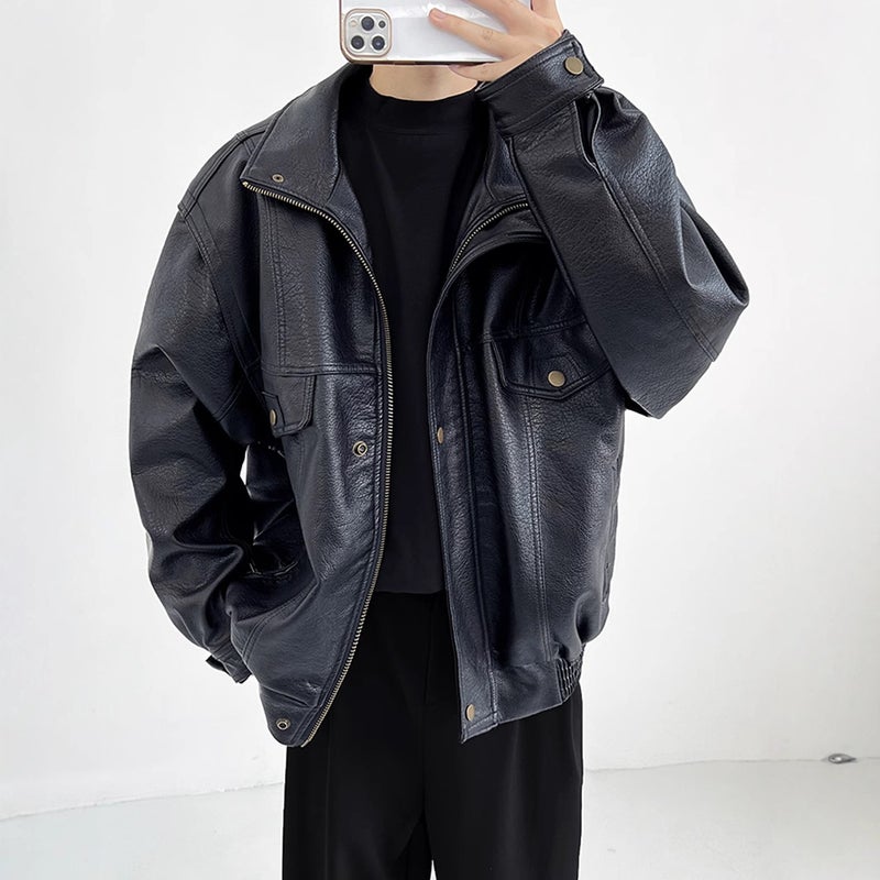 Retro Biker Jacket Mens Thickened PU Leather Autumn Black - Image 4