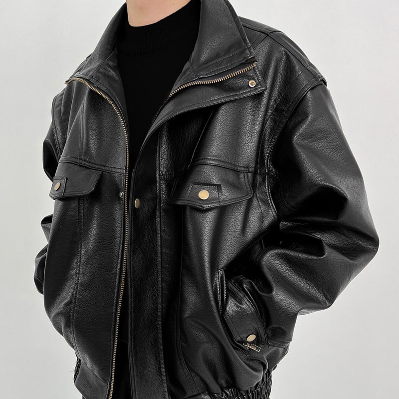 Retro Biker Jacket Mens Thickened PU Leather Autumn Black - Image 2