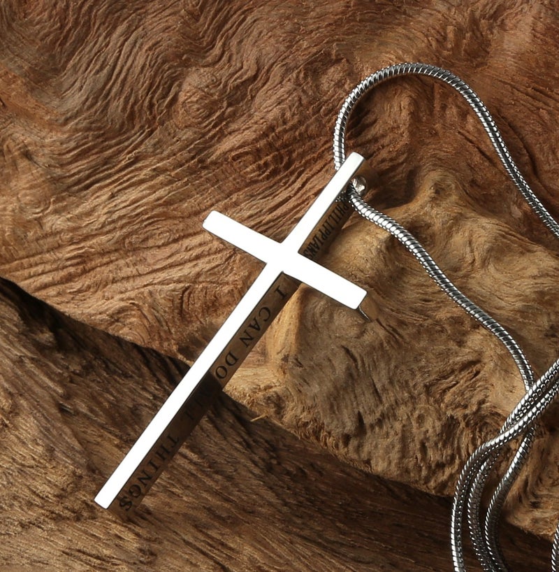 HZMAN Philippians 4:13 Cross Pendant Strength Bible Verse Stainless Steel Necklace (Silver) - Image 4