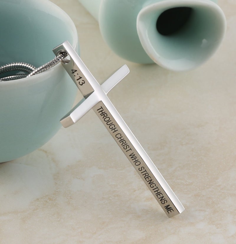 HZMAN Philippians 4:13 Cross Pendant Strength Bible Verse Stainless Steel Necklace (Silver) - Image 3