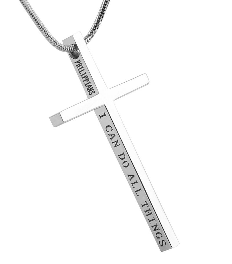 HZMAN Philippians 4:13 Cross Pendant Strength Bible Verse Stainless Steel Necklace (Silver) - Image 1