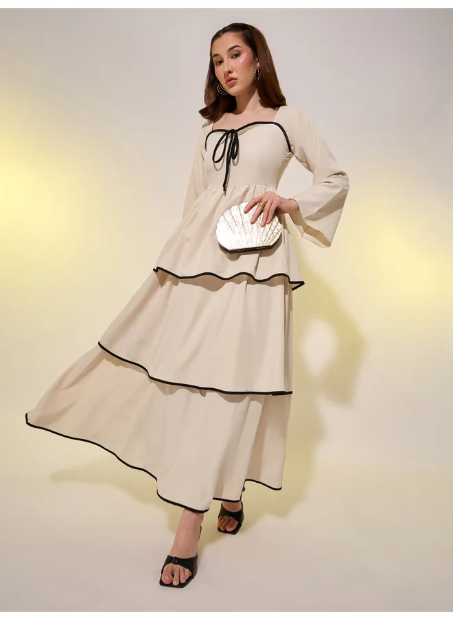 Take Two Take Two Beige Contrast Trim Bell Sleeves Tiered Maxi Dress
