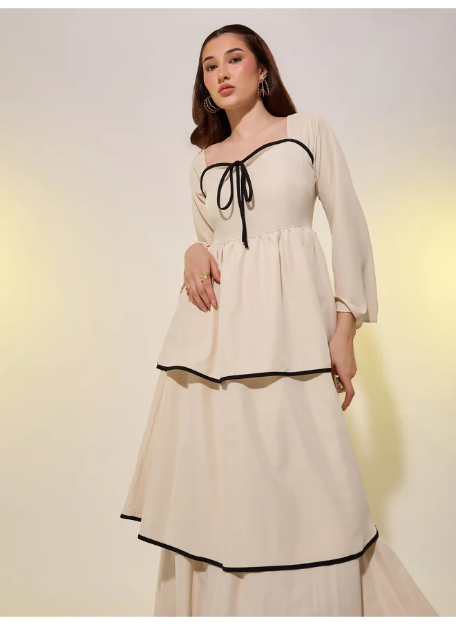 Take Two Take Two Beige Contrast Trim Bell Sleeves Tiered Maxi Dress