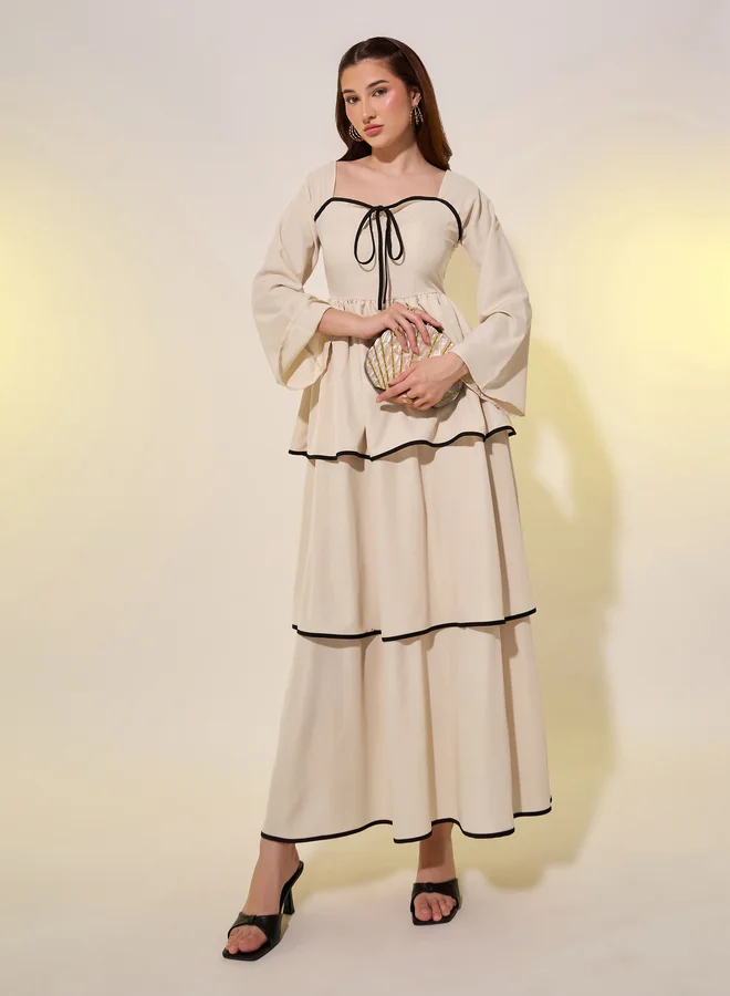 ستايلي Styli Beige Contrast Trim Bell Sleeves Tiered Maxi Dress