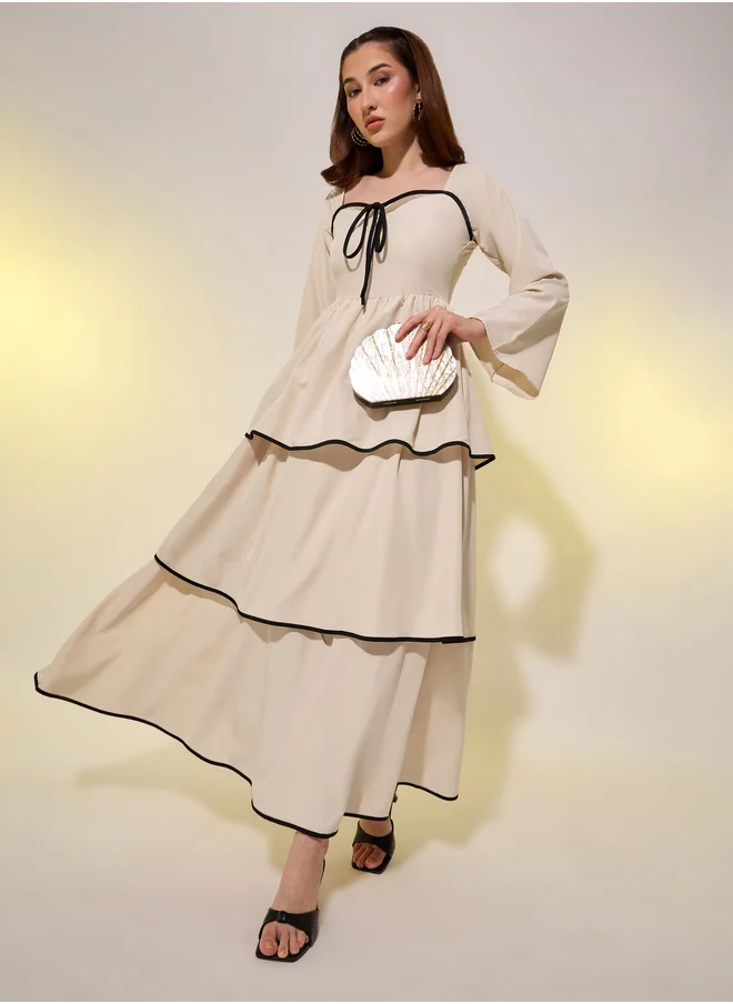 تايك تو Take Two Beige Contrast Trim Bell Sleeves Tiered Maxi Dress