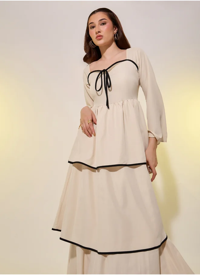 تايك تو Take Two Beige Contrast Trim Bell Sleeves Tiered Maxi Dress