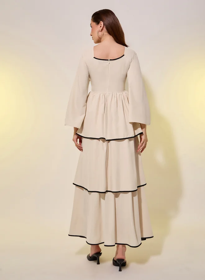 ستايلي Styli Beige Contrast Trim Bell Sleeves Tiered Maxi Dress