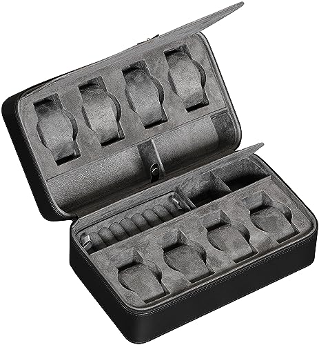 ROTHWELL 8 Watch Travel Case Storage Organizer for 8 Watches, Sunglasses, Rings & Cufflinks |Tough Portable Protection with Zipper Fits Most Wristwatches & Smart Watches Up to 50mm (Black/Grey) - Image 1