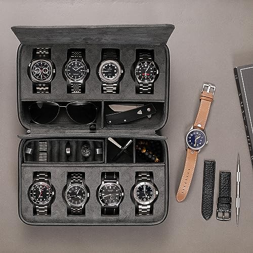 ROTHWELL 8 Watch Travel Case Storage Organizer for 8 Watches, Sunglasses, Rings & Cufflinks |Tough Portable Protection with Zipper Fits Most Wristwatches & Smart Watches Up to 50mm (Black/Grey) - Image 2