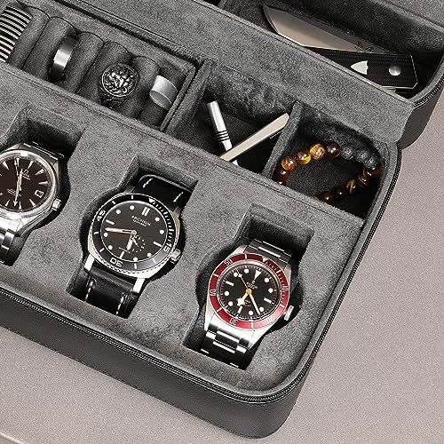 ROTHWELL 8 Watch Travel Case Storage Organizer for 8 Watches, Sunglasses, Rings & Cufflinks |Tough Portable Protection with Zipper Fits Most Wristwatches & Smart Watches Up to 50mm (Black/Grey) - Image 5