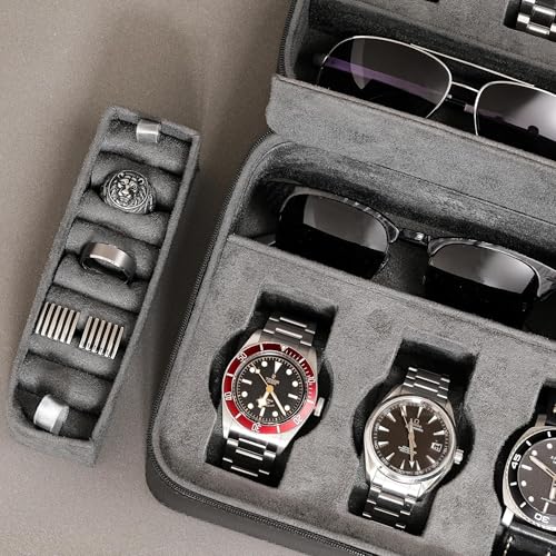 ROTHWELL 8 Watch Travel Case Storage Organizer for 8 Watches, Sunglasses, Rings & Cufflinks |Tough Portable Protection with Zipper Fits Most Wristwatches & Smart Watches Up to 50mm (Black/Grey) - Image 4
