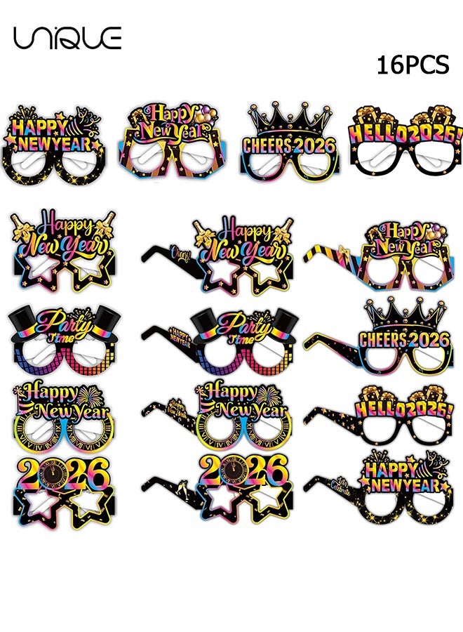 يونيك نظارات حفلة رأس السنة 2026 - 16 قطعة من نظارات احتفالية لليلة رأس السنة، معدات تصوير للصور، مرحبًا بعام 2026، نظارات ورقية مبتكرة، هدايا ولوازم الحفلات - باللونين الأسود والذهبي اللامع - Image 1