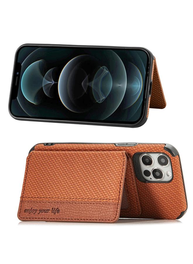 The Bros Phone Case For iPhone 12 mini Carbon Fiber Magnetic Card Bag TPU+PU Shockproof Back Cover Phone Case with Holder & Card Slot & Photo Frame  - Image 3