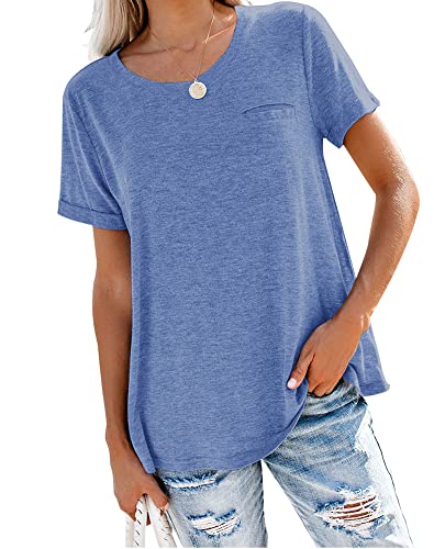 Bingerlily Women's Roll Up Short Sleeve T Shirts Summer Crew Neck Tops Loose Causal Tees with Pocket Blue - Image 1