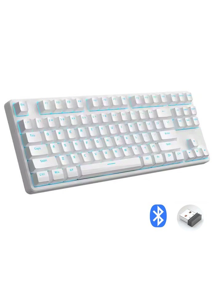 Generic - Tri-mode Wireless Gaming Mechanical Keyboard - 3 Mode Connection ( BT 3 Devices / 2.4G Wireless / Wired ) TKL Keyboard -Hot Swap Blue Switches - Single Blue LED Backligh - Built in battery  2500mAh - Removable Type-C cable -  PBT Keycap 87 EN Keys layout | White - Image 1
