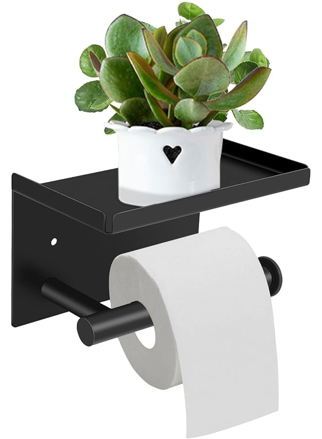 S-TOP Black Toilet Roll Holder, Stainless Steel Toilet Paper Holder with Shelf Self Adhesive Wall Mounted Paper Holder Bathroom Accessories (Black) - Image 1