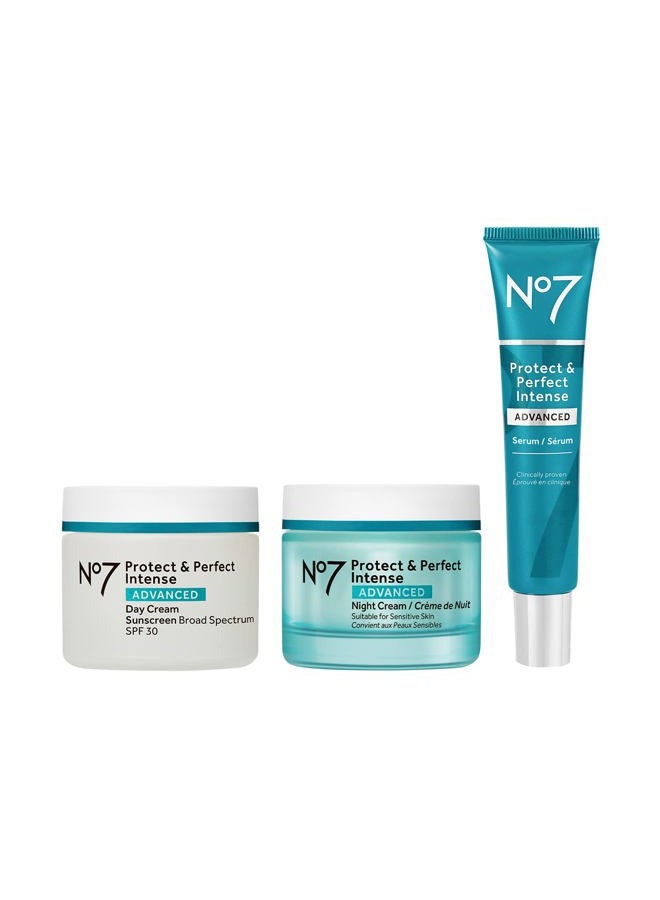 No7 Protect & Perfect Anti Aging Skincare Set - Includes SPF 30 Daytime Face Cream, Hydrating Shea Butter Night Cream & Hyaluronic Acid Face Serum (3 Piece Kit) - Image 1