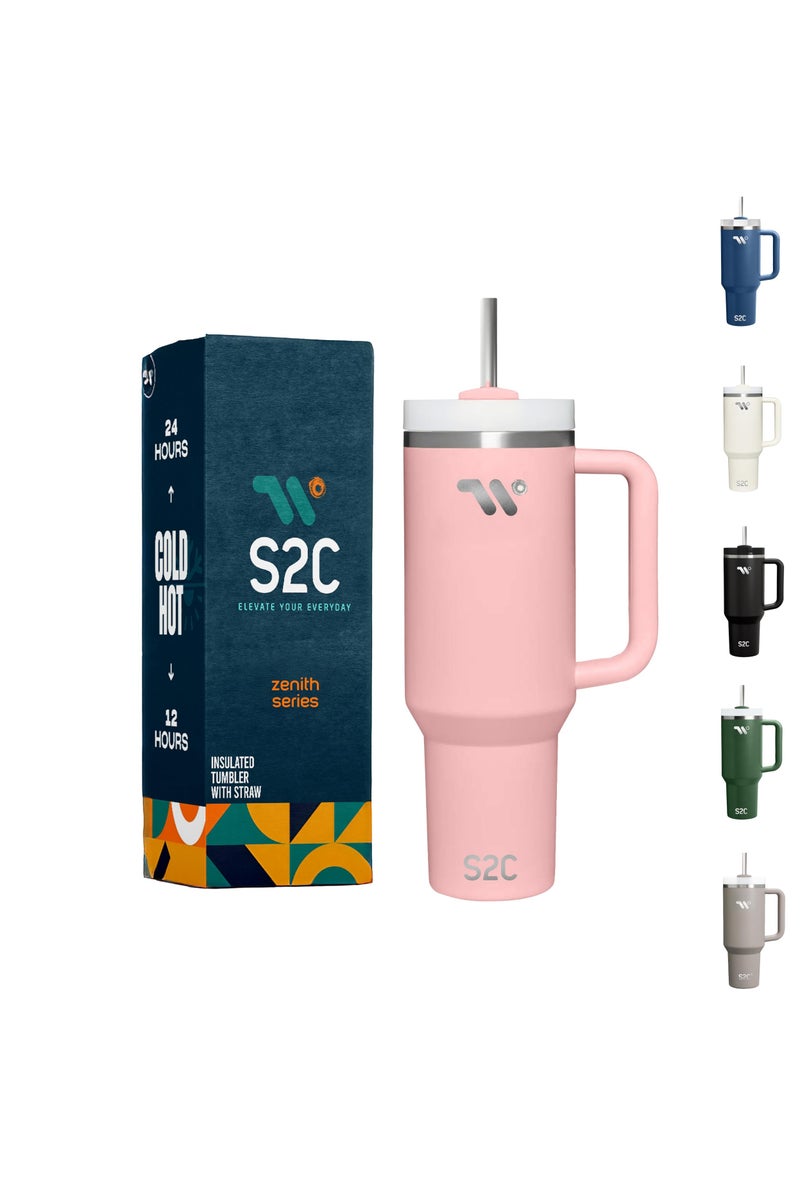 اي 2 سي كوب S2C 40oz من الفولاذ المقاوم للصدأ بمقبض وقش - كوب سفر معزول بالفراغ مزدوج الجدار - مقاوم للتسرب ، خالي من مادة BPA ، يناسب حامل أكواب السيارة - Image 1