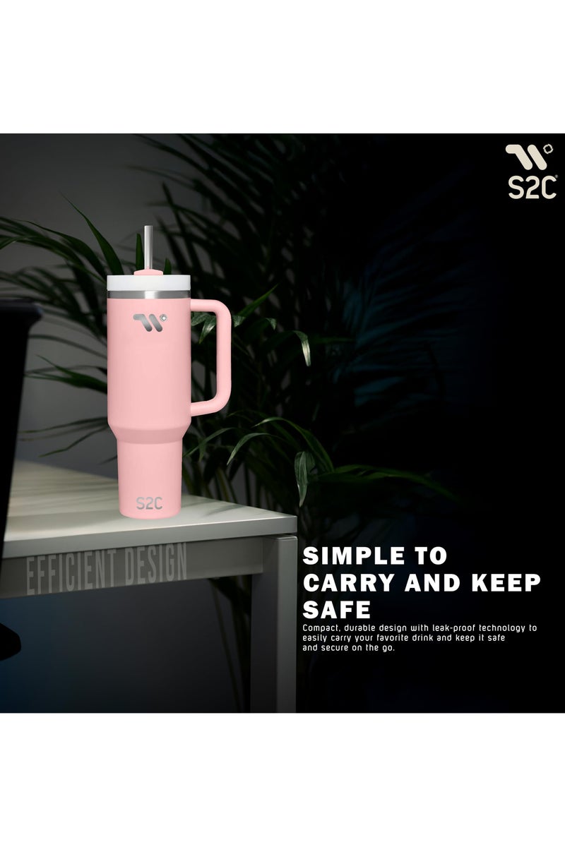 اي 2 سي كوب S2C 40oz من الفولاذ المقاوم للصدأ بمقبض وقش - كوب سفر معزول بالفراغ مزدوج الجدار - مقاوم للتسرب ، خالي من مادة BPA ، يناسب حامل أكواب السيارة - Image 4