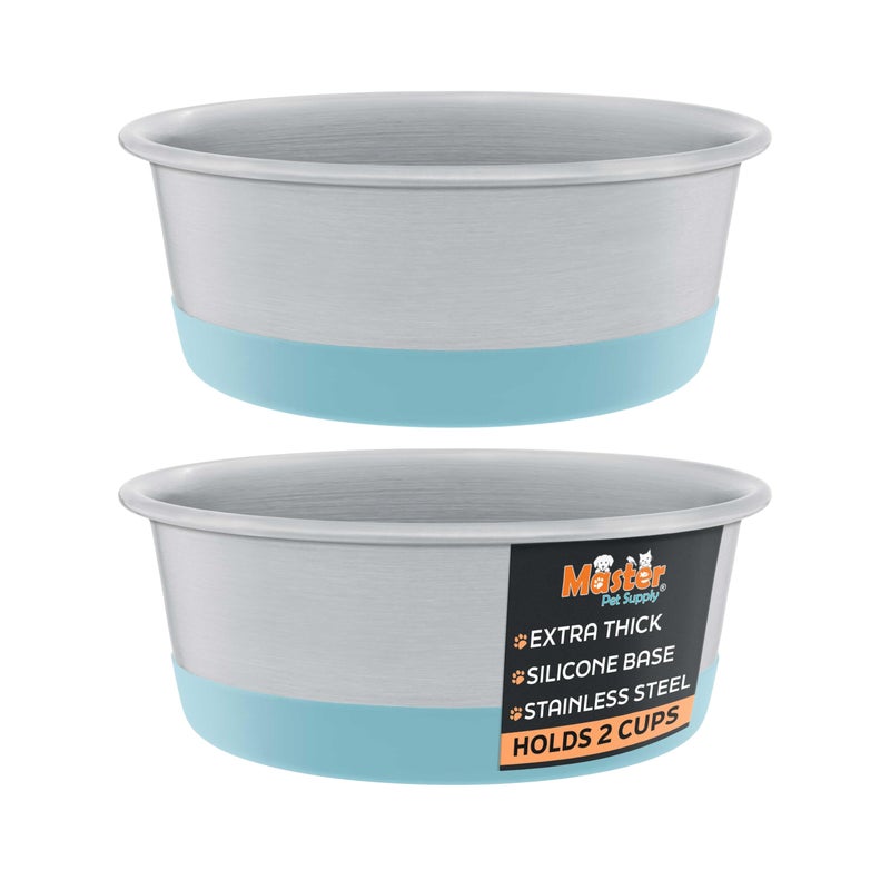 Master Pet Supply Stainless Steel Dog Bowls Set of 2 with Extra Thick Silicone Base - 2 Cup (16 oz) Aqua Sky, Non-Slip, Dishwasher Safe Metal Bowls, Pet Dog Food Bowl for Dogs, Cats, Anti Rust - Image 1