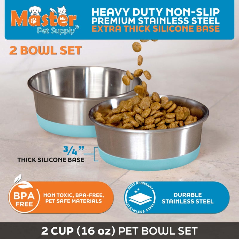 Master Pet Supply Stainless Steel Dog Bowls Set of 2 with Extra Thick Silicone Base - 2 Cup (16 oz) Aqua Sky, Non-Slip, Dishwasher Safe Metal Bowls, Pet Dog Food Bowl for Dogs, Cats, Anti Rust - Image 2