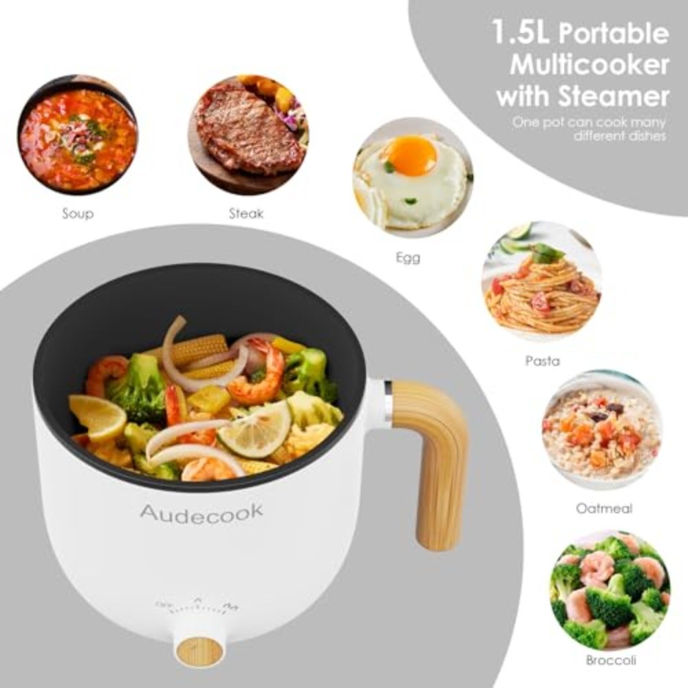 Electric Hot Pot with Steamer for home cooking, non-stick aluminum alloy body, black color, rapid 1.5L portable heating and multifunctional stir fry/stew/steam capability