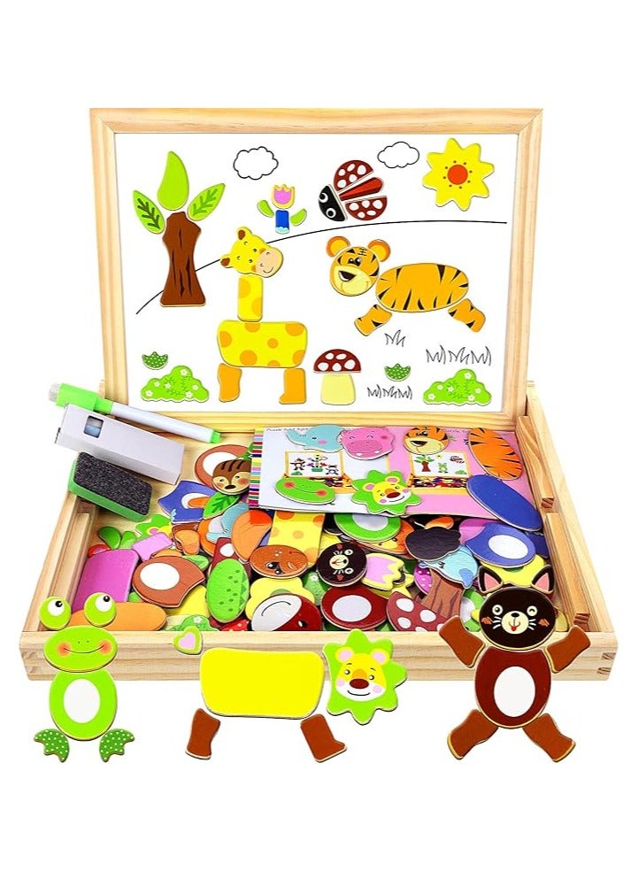 100+ Pieces Magnetic Wooden Jigsaw Animal Jigsaw with Chalkboard Easel Double-Sided Educational Toys for Toddler Children Girl 3+ Years Old