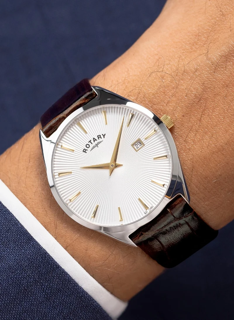 Rotary  Men's Ultra Slim Analogue Watch, 38 mm, Silver Dial, Brown Leather Strap for Men | Best Price UAE