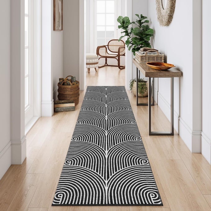 LONG HALLWAY RUNNER RUG 26X10 WASHABLE RUGS MODERN REVERSIBLE BLACK KITCHEN RUNNER COTTON HANDWOVEN INDOOR ENTRYWAY RUG CARPET RUNNERS FOR BATHROOM BEDROOM LAUNDRY ROOM