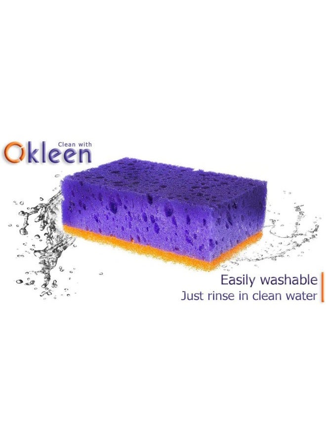Okleen Purple and Orange Multi Use Scrub Sponges. Made in Europe. 9 Pack, 4.3x2.8x1.4 inches. Heavy Duty & Non Scratch Fiber. Odorless Durable Delicate, Easy Washable Violet Scrubber - Image 3