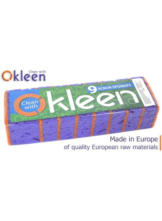 Okleen Purple and Orange Multi Use Scrub Sponges. Made in Europe. 9 Pack, 4.3x2.8x1.4 inches. Heavy Duty & Non Scratch Fiber. Odorless Durable Delicate, Easy Washable Violet Scrubber - Image 2
