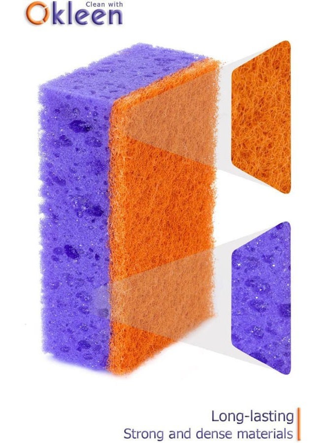 Okleen Purple and Orange Multi Use Scrub Sponges. Made in Europe. 9 Pack, 4.3x2.8x1.4 inches. Heavy Duty & Non Scratch Fiber. Odorless Durable Delicate, Easy Washable Violet Scrubber - Image 5