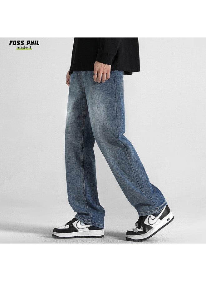 Foss Phil Men's Loose-fit Straight Leg Jeans Spring/summer Wide-leg Casual Pants American Style Zw8374 Medium Blue XL - Image 2