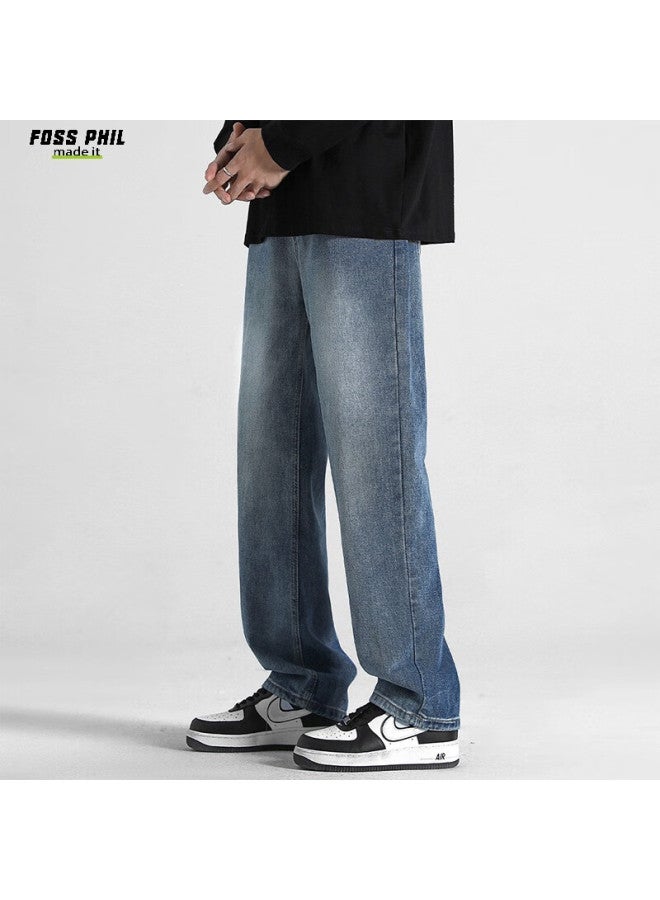 Foss Phil Men's Loose-fit Straight Leg Jeans Spring/summer Wide-leg Casual Pants American Style Zw8374 Medium Blue XL - Image 1