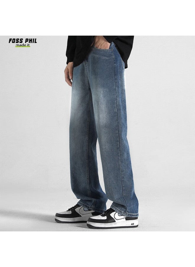 Foss Phil Men's Loose-fit Straight Leg Jeans Spring/summer Wide-leg Casual Pants American Style Zw8374 Medium Blue XL - Image 3