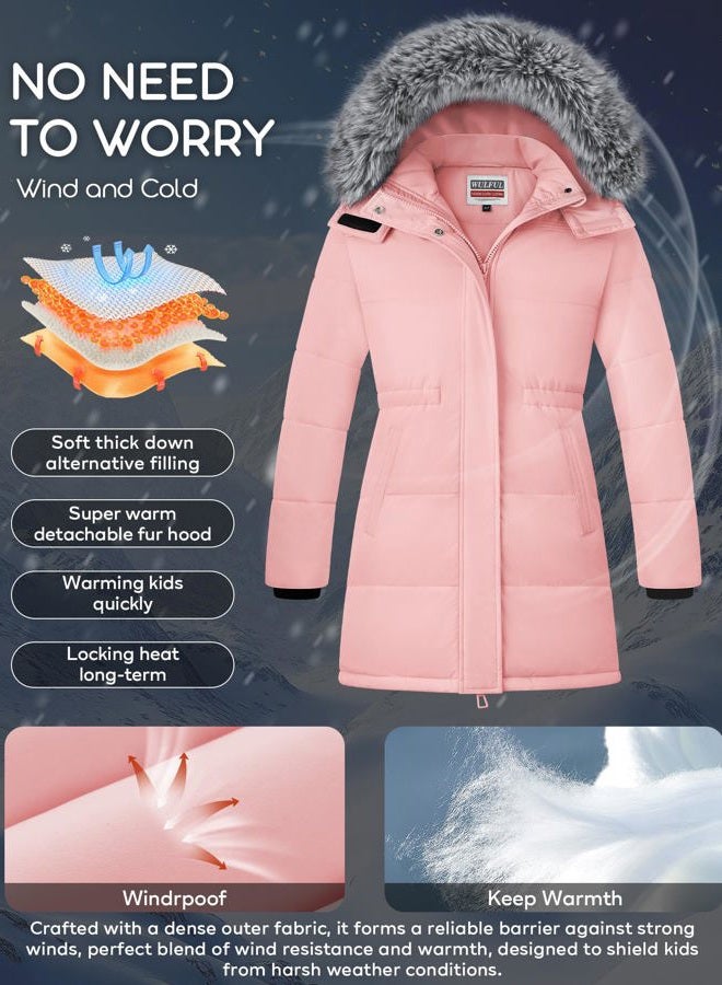 WULFUL Girl's Winter Long Coats Hooded Parka Kids Warm Puffer Jacket, Pink, 6-7 years - Image 4